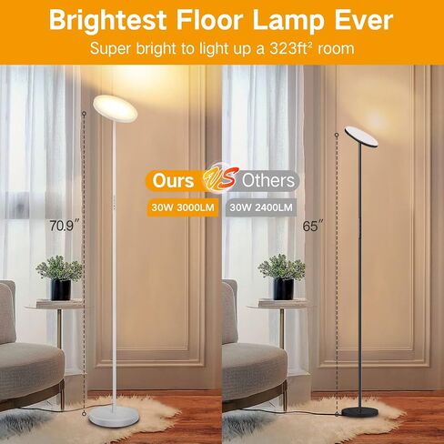 مصباح أرضي OUTON، 30 وات 2400 لومن LED مصباح السماء Torchiere الحديث، مصباح طويل القامة قابل للتعتيم مع 4 درجات حرارة لونية، تحكم عن بعد باللمس، مؤقت ساعة واحدة لغرفة المعيشة وغرفة النوم والمكتب، ذهبي in Kuwait