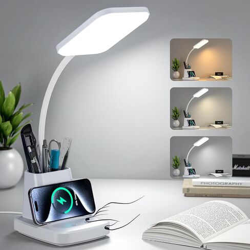 GOLSPARK Desk Lamp with Wireless Charger, LED Desk Lamps for Home Office Eye-Caring CRI 90, 3 Color Modes, Stepless Dimming Touch Table Lamp, Study Small White Lamp with Pen Holder for College Dorm in Saudi Arabia