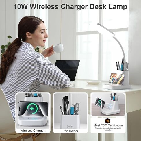 GOLSPARK Desk Lamp with Wireless Charger, LED Desk Lamps for Home Office Eye-Caring CRI 90, 3 Color Modes, Stepless Dimming Touch Table Lamp, Study Small White Lamp with Pen Holder for College Dorm in Saudi Arabia