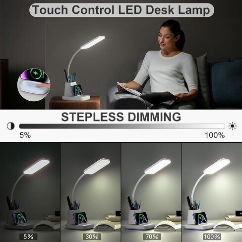 GOLSPARK Desk Lamp with Wireless Charger, LED Desk Lamps for Home Office Eye-Caring CRI 90, 3 Color Modes, Stepless Dimming Touch Table Lamp, Study Small White Lamp with Pen Holder for College Dorm in Saudi Arabia