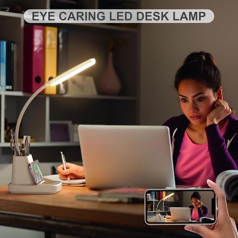 GOLSPARK Desk Lamp with Wireless Charger, LED Desk Lamps for Home Office Eye-Caring CRI 90, 3 Color Modes, Stepless Dimming Touch Table Lamp, Study Small White Lamp with Pen Holder for College Dorm in Saudi Arabia