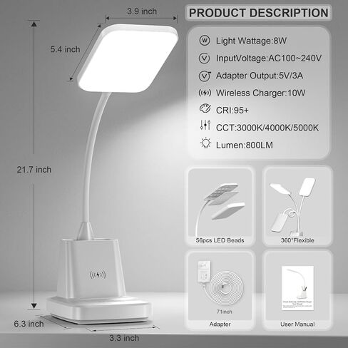 GOLSPARK Desk Lamp with Wireless Charger, LED Desk Lamps for Home Office Eye-Caring CRI 90, 3 Color Modes, Stepless Dimming Touch Table Lamp, Study Small White Lamp with Pen Holder for College Dorm in Saudi Arabia