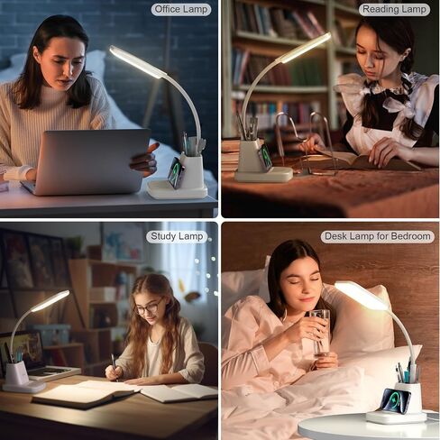 GOLSPARK Desk Lamp with Wireless Charger, LED Desk Lamps for Home Office Eye-Caring CRI 90, 3 Color Modes, Stepless Dimming Touch Table Lamp, Study Small White Lamp with Pen Holder for College Dorm in Saudi Arabia