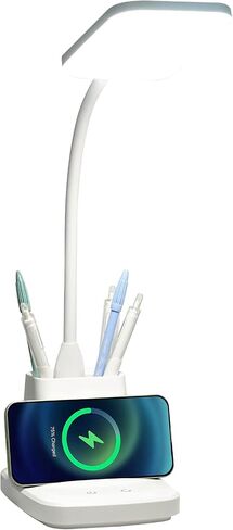 GOLSPARK Desk Lamp with Wireless Charger, LED Desk Lamps for Home Office Eye-Caring CRI 90, 3 Color Modes, Stepless Dimming Touch Table Lamp, Study Small White Lamp with Pen Holder for College Dorm in Saudi Arabia