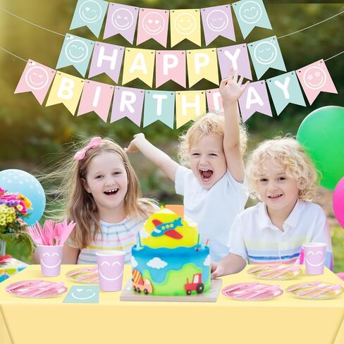 Dandat 175 قطعة من ديكورات حفلات أعياد الميلاد باستيل Preppy لوازم حفلات أعياد الميلاد تخدم 24 ضيفًا Smile Preppy أدوات المائدة الورقية والمناديل والكؤوس ومفارش المائدة للفتيات وحفلات العازبة الرائعة in Saudi Arabia