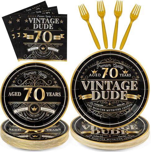 DECORLIFE 96PCS 70th Birthday Plates and Napkins Set Serves 24 Guests, Vintage Dude 1953 Party Supplies, 70th Birthday Decorations for Men in Saudi Arabia