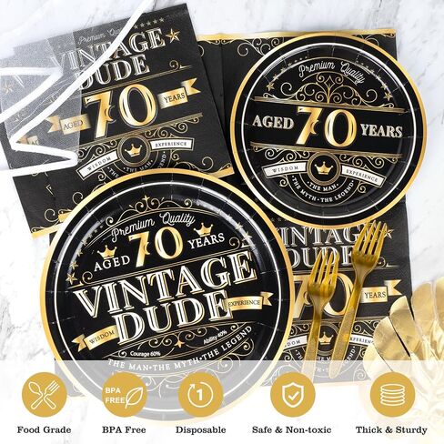 DECORLIFE 96PCS 70th Birthday Plates and Napkins Set Serves 24 Guests, Vintage Dude 1953 Party Supplies, 70th Birthday Decorations for Men in Saudi Arabia