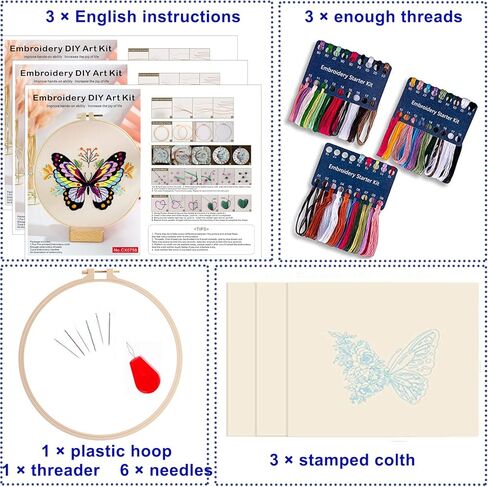 3 مجموعات من أدوات تطريز الزهور للبالغين المبتدئين بنمط التطريز، وأطواق التطريز، ومجموعة الحرف اليدوية (زهرة) in Kuwait