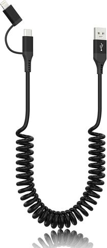 Coiled USB C Cable Lightning Cable, 3FT, USB C and Lightning Cable 2 in 1 Car Charger Cord, 3A Fast Charging & Data Sync, for Apple CarPlay & Android Auto, iPhone 15/14/ 13/12/ 11, Samsung, Android in Kuwait
