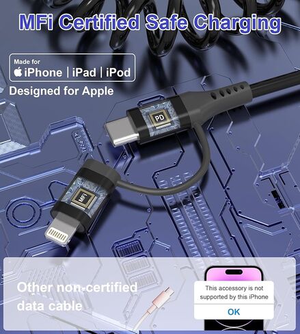 Coiled USB C Cable Lightning Cable, 3FT, USB C and Lightning Cable 2 in 1 Car Charger Cord, 3A Fast Charging & Data Sync, for Apple CarPlay & Android Auto, iPhone 15/14/ 13/12/ 11, Samsung, Android in Kuwait