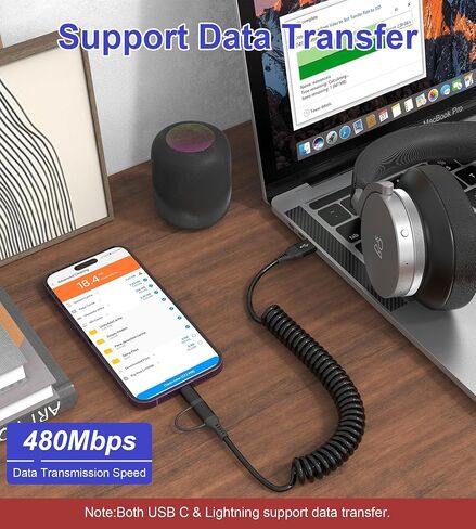 Coiled USB C Cable Lightning Cable, 3FT, USB C and Lightning Cable 2 in 1 Car Charger Cord, 3A Fast Charging & Data Sync, for Apple CarPlay & Android Auto, iPhone 15/14/ 13/12/ 11, Samsung, Android in Kuwait