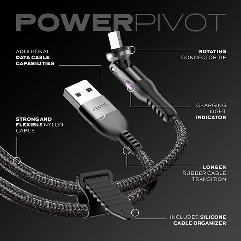 كابل Statik PowerPivot USB إلى Apple للشحن السريع - كابل شحن متوافق مع iPhone بقدرة 10 وات ونقل البيانات، رأس دوار 360 درجة - 3FT/1M in Saudi Arabia