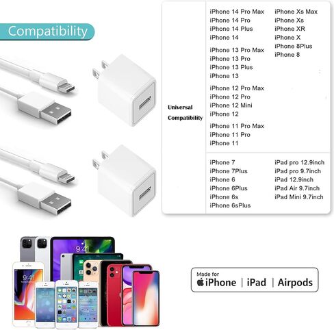 شاحن iPhone، {معتمد من MFi} شاحن iPhone إلى كابل USB للشحن السريع ومزامنة البيانات مع قابس سفر لشاحن الحائط USB متوافق مع iPhone 14/13/12/11/11 Pro/Xs/XR/X/8/8Plus والمزيد in Saudi Arabia