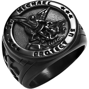 Saints Michael Ring for Men, 18K Gold Plated/Black Metal, St. Michael San Miguel The Great Protector Archangel Defeating Satan Figurine Stainless Steel Amulet Rings, Size 7-14, Send Gift Box in Saudi Arabia