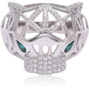 Panther Head Ring for Men & Women, 925 Sterling Silver Animal Statement Ring with Green Stone Eyes, Geometric Leopard Face CZ Pave Ring, Bold Luxury Jewelry Gift, Size (5-12) in Saudi Arabia