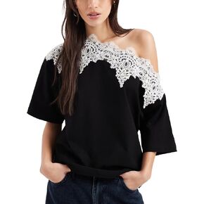 Lace Trim Off the Shoulder Top for Women Summer Relaxed Fit Boat Neck Short Sleeve T-Shirts Casual Daily Date Tee in Saudi Arabia
