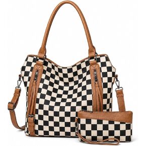 Checkered Purses for Women Large Hobo Shoulder Bag with Multiple Pockets, Vintage Canvas Leather Tote Bags for Work Travel in Saudi Arabia