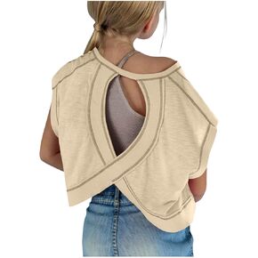 Girls Open Back Shirts Workout Short Sleeve Athletic Backless Tops Cute Summer Preppy Shirt Crop Clothes Size 4-14 in Kuwait