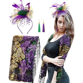 Unittype 4 Pcs Mardi Gras Costumes for Women Mardi Gras Outfit Shawl Scarf with Feather Headband Vintage Tassel Fringe Earrings Accessories Set for Masquerade Party Carnival Parade Dress Party in Saudi Arabia