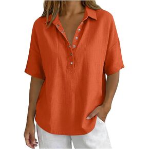 Lightweight Linen Blouses for Women Casual Summer Short Sleeve Henley Shirts Cotton Blend Collared Work Tunic Tops in Saudi Arabia