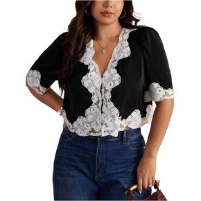 SOLY HUX Women's Plus Size Lace Blouses Deep V Neck Short Sleeve Teacher Shirts Elegant Button Crop Tops in Kuwait
