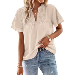 Women's V Neck Dressy Blouses Butterfly Short Sleeve Tunic Tops Trendy Boho Flowy Swiss Dot Shirts in Saudi Arabia
