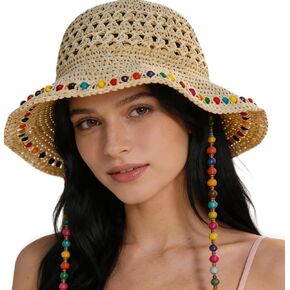 Beaded Beach Hat for Women Colourful Bead Sun Straw Hat Foldable Straw Bucket Sun Hat Outdoor Sun Hats for Vacation Travel in Saudi Arabia