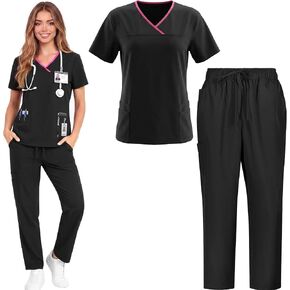 Black Scrubs Sets for Women V-Neck Top with Wide Leg Pants 11-Pockets Nursing & Medical Uniforms for Workers in Saudi Arabia