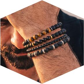 Men's Natural Stone Beaded Bracelet Set, 4 Pcs Stretch Stacking Bracelets with Lava Rock, Onyx, Tiger Eye, Howlite Beads in Saudi Arabia