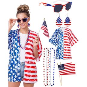 4th of July Outfits for Women - Patriotic Costume American Flag Shirt Glasses Earring for Independence Day in Saudi Arabia