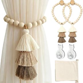 Magnetic Curtain Tiebacks, Set of 2 Wood Beaded Boho Tassel Drapery Holdbacks with Damage-Free Hooks for Thin Sheer & Heavy Curtains, Farmhouse Room Decor with Gift Bag in Saudi Arabia