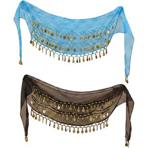 2 Pcs Belly Dance Hip Scarfs, Professional Belly Dancer Outfit with Belly Dance Skirt Design, Set of Two Color Options in Black and Blue, Made from Polyester Material for Comfort and Movement in Saudi Arabia