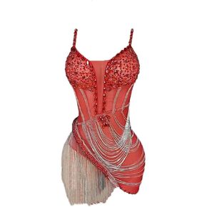 Pulcykp Women Rhinestone Evening Dresses Slim Sexy Club Dress Rhinestone Sexy Fringe Latin Dance Bodysuit in Saudi Arabia
