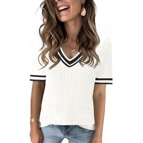 Kistore Womens Short Sleeve Sweaters V Neck Cable Knit Pullover Tops Summer Lightweight Sweater Shirts Blouses 2026 in Saudi Arabia