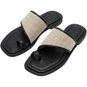 Women's Square Toe Flat Slide Sandals Straw Woven Patchwork Toe Ring Slippers Comfort Summer Beach Resort Style Slip On Shoes in Saudi Arabia