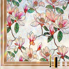 NINETREX Window Privacy Film, Stained Glass Floral Window Clings, Static Cling UV Blocking Vinyl, Rainbow Magnolia Decals, Non-Adhesive Heat Control for Bathroom Door 17.5 x 78.7 inches in Saudi Arabia