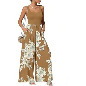 Blue Song Jumpsuits For Women Summer Sleeveless Wide Leg Casual Boho Floral Smocked Romper With Pockets Vacation Resort Wear in Saudi Arabia