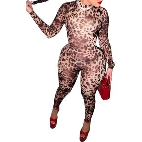 XZLUFNY Leopard Print Jumpsuits for Women Long Sleeve Crew Neck Bodycon One Piece Outfits in Kuwait