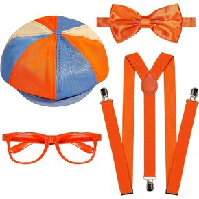 4PCS Halloween Costume Accessories Set for Adults - Blue & Orange Hat, Orange Suspender, Bow-tie and Glasses for Men Women Themed Party Dress Up in Saudi Arabia