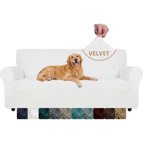 YEMYHOM Real Velvet Couch Covers for 3 Cushion Couch High Stretch 1 Piece Sofa Cover Pets Dogs Friendly Anti Slip Thickened Slipcovers Furniture Protector for Living Room (71"-91", White) in Saudi Arabia