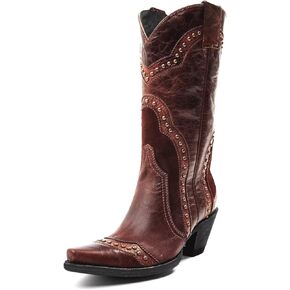 Agodor Brown Cowboy Boots For Women Cowgirl Ladies Mid Calf Boots with Classic Studded, Pointed Toe Chunky Heel Pull On Fashion Dress Wedding Western Booties US7.5 in Kuwait