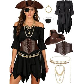 Drofe Pirate Costume Women Complete Outfit with Dress,Tricorn Hat, Waist Belt,Necklace,White Pirate Accessories Set in Saudi Arabia