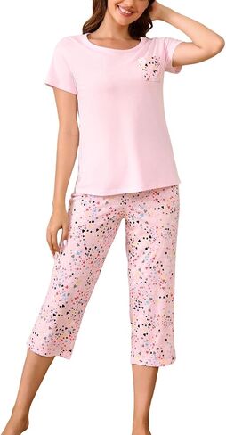 Inadays Womens Pajama Sets Cotton Pj Sets Short Sleeve Top With Capri Pants 2 Piece Sleepwear Comfy Lounge Set in Saudi Arabia