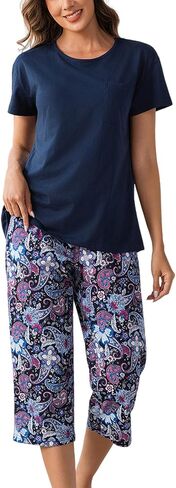 Inadays Womens Pajama Sets Cotton Pj Sets Short Sleeve Top With Capri Pants 2 Piece Sleepwear Comfy Lounge Set in Saudi Arabia