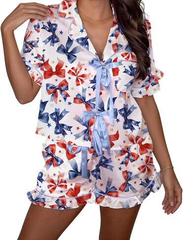Women's 4th Of July Pajamas Set USA Flag Print Short Sleeve Shirt and Shorts Independence Outfits Summer Lounge Sets in Saudi Arabia