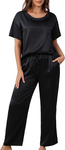 THXSILK Mulberry Silk Womens Pajama Set with Pocket, 2 Piece Lounge Sets for Women, Short Sleeve Sleepwear in Saudi Arabia