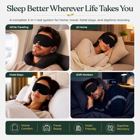 Eye Mask for Sleeping 3-in-1 Sleep Kit for Women & Men – 3D Contoured Blackout Memory Foam Mask, Reusable Silicone Earplugs & 30 Nasal Strips | Travel Sleep Set for Snoring Relief & Deep Rest in Kuwait