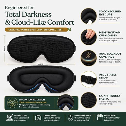 Eye Mask for Sleeping 3-in-1 Sleep Kit for Women & Men – 3D Contoured Blackout Memory Foam Mask, Reusable Silicone Earplugs & 30 Nasal Strips | Travel Sleep Set for Snoring Relief & Deep Rest in Kuwait
