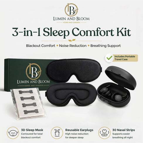 Eye Mask for Sleeping 3-in-1 Sleep Kit for Women & Men – 3D Contoured Blackout Memory Foam Mask, Reusable Silicone Earplugs & 30 Nasal Strips | Travel Sleep Set for Snoring Relief & Deep Rest in Kuwait