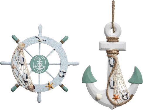 2 Pack 11" Nautical Beach Wooden Ship Wheel and 13" Wooden Anchor with Rope Nautical Boat Steering Wheel Rudder Anchor Wall Art Decor Door Hanging Ornament Beach Theme Home Decoration (Dark Blue) in Saudi Arabia